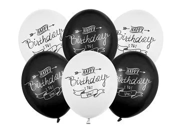 Lateksi ilmapallo Musta/Valkoinen "Happy Birthday" (6kpl 30cm)