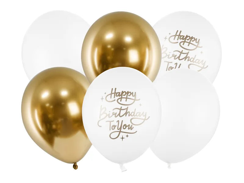 Lateksi ilmapallo kulta valkoinen ''Happy Birthday to you'' (6 kpl 30cm)