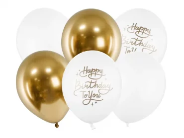 Lateksi ilmapallo kulta valkoinen ''Happy Birthday to you'' (6 kpl 30cm)